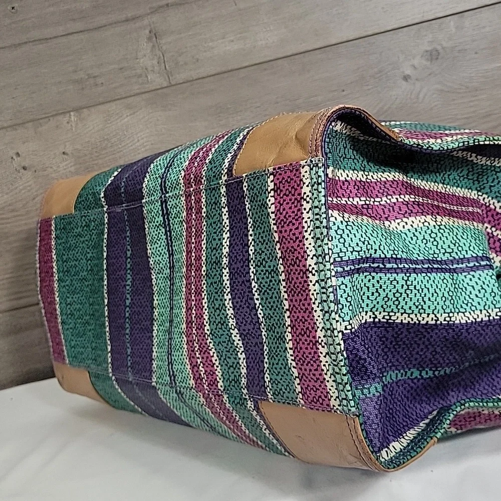 Tory Burch Ella Purple and Green Striped Tote Bag